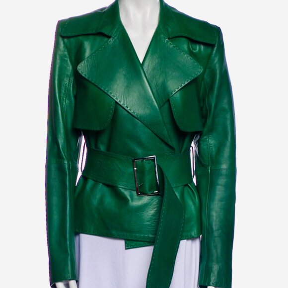 Mugler - Belted Leather Biker Jacket - Emerald Size 38 FR, 6-8 US - Picture 11 of 12